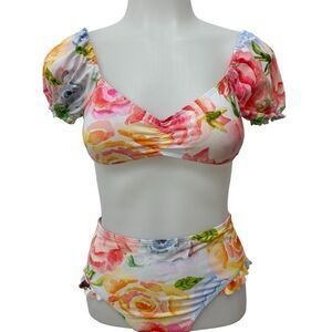 Palms Away Puff Sleeve Floral Print Bikini Size XS